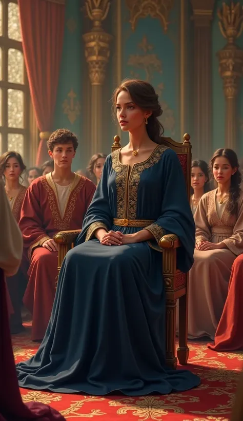 The princess addressing a group of students in a grand hall, teaching them about life and wisdom. Her expression is wise and compassionate, with students listening intently."
The princess is wearing a long dark blue gown with gold embroidery tha princes se...