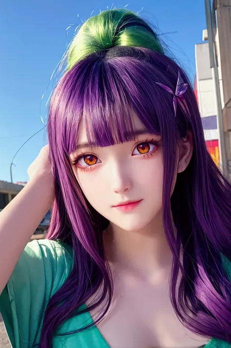 The golden-eyed green-haired girl anime has a large purple crack that in the left face to the left arm and has a pink crystal in the center in the left facial crack.