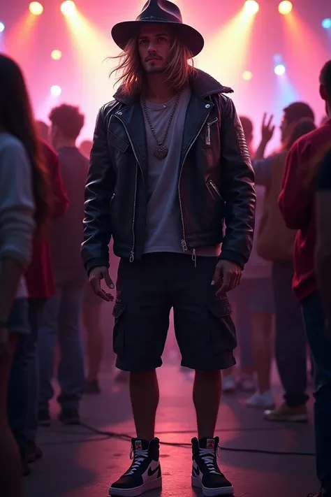 Make me a realistic photo of a man with long hair and a hat, wearing a black leather jacket, shorts and Air Jordan shoes.
The atmosphere in the middle of a crowd at a concert