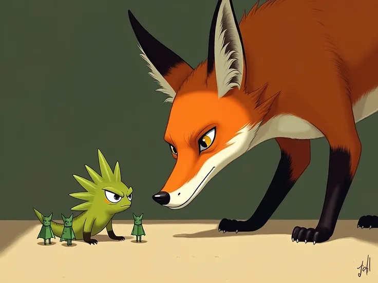 Large, detailed fox with expressive amber eyes, close-up perspective, facing a small, stylized lizard-like creature.  Fox is rich reddish-orange with white underbelly and muzzle.  Lizard has a grumpy expression, sharp eyes, and spiky green hair.  Both subj...