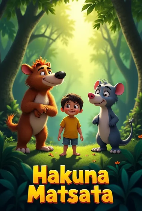  Make me a movie poster with the title "Hakuna Matsata". Es zeigt ein Erdmännchen und ein wasserschwein in their tropical rainforest. In the middle is a baby boy as a main character.
The movie title hakuna matsata is shown on the bottom. Make it look Like ...