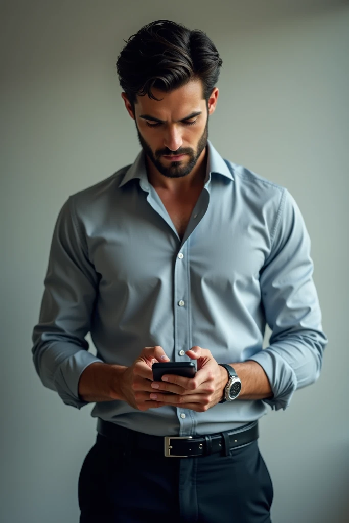 A beautiful man holds his phone