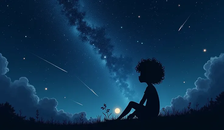 Silhouette of a girl with a curly short hair sitting cross-legged on the right side very very far away and stargazing, dark sky with lots of dazzling  stars, milky way is visible, meteors falling, small crescent moon