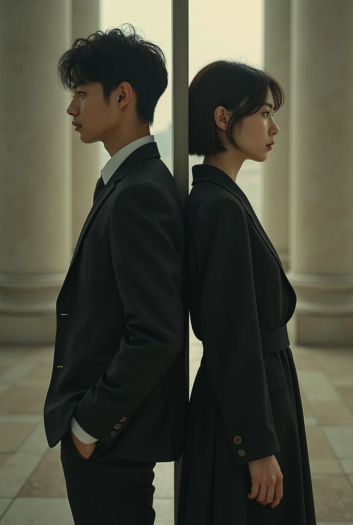 A handsome Chinese man with pale skin, almond eyes and pointy nose is wearing Suit clothes from the era of China in the 90s  And a beautiful, elegant woman with short hair, pale skin, pointy nose also almond eyes and wearing elegant clothes from the 90s An...