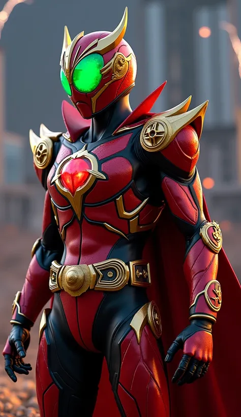 「  has a complex mechanical belt around the waist  。Kamen Rider Kabuto。 wearing red and black armor with gold ornaments with a beetle motif 、  futuristic hero and realistic 3d rendering  。  the chest has a sharp shape  、  There is a black line on Smooth pa...