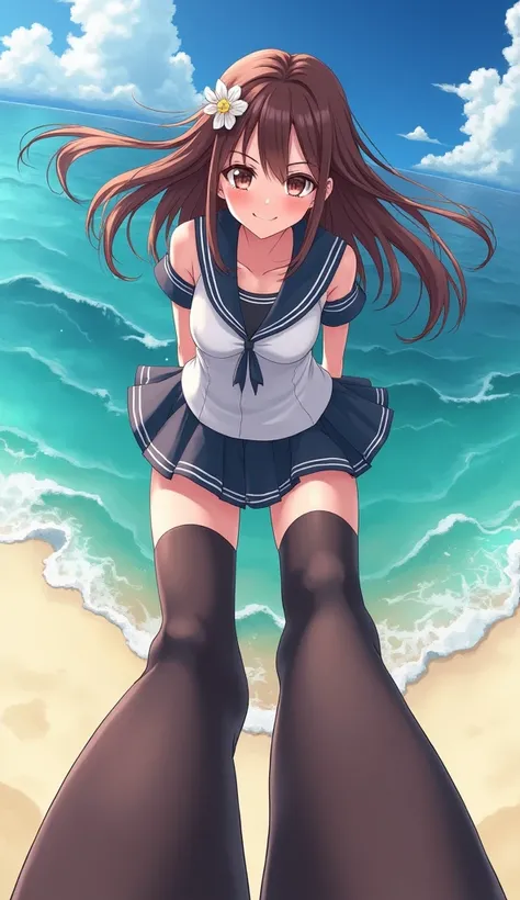 Feet,foot, girl,anime, licking girl, Long Hair, brown eyes, Brown Hair, Makeup, Hair Ornament, mistress, smirk, dominated foot,from below, with stockings ,stands above me,yandere smile,in beach 