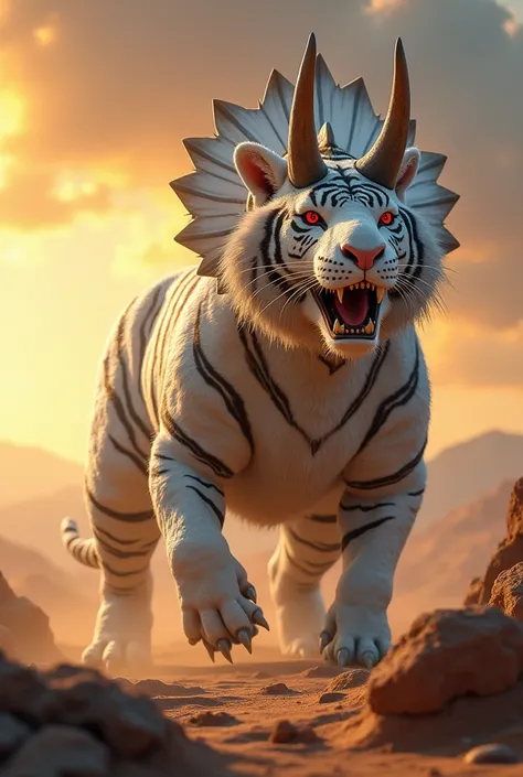 Create a hybrid monster body with Triceratops and white tiger, wide shot, background desert, sunrise view and clouds ,red eyes 