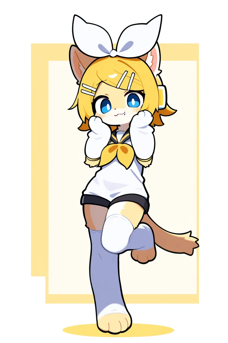 1girl, Kagamine rin, white background, shiny textures, detailed textures, looking at viewer, hands on face, standing on one leg, yellow, short hair, white shirt, smile, bare shoulders, :3, fang, fang out, sleeveless shirt, white, blue eyes, sailor suit, sa...