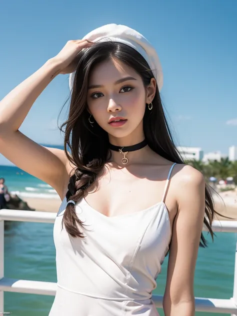 best qualtiy，Original，tmasterpiece，Ultra-high resolution，Sweet girl，Draped with hair，choker necklace，White visor hat，shift dresses，medium boob，beachside，City，heal