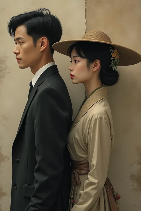 A handsome Chinese man with pale skin, almond eyes and pointy nose is wearing Suit clothes from the era of China in the 90s  And a beautiful, elegant woman with short hair, pale skin, pointy nose also almond eyes and wearing elegant clothes from the 90s Al...