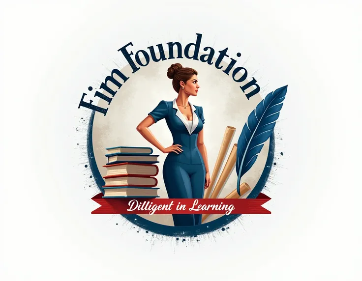 A circular logo featuring a woman standing confidently beside a stack of colorful books and rolled papers, symbolizing education and knowledge. To her left, a detailed blue quill pen adds a touch of elegance and creativity. The text FIRM FOUNDATION ACADEMY...