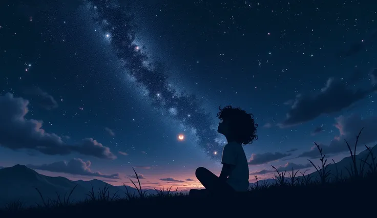 Silhouette of a girl with a curly short hair sitting cross-legged on the right side very very far away and stargazing, dark sky with lots of dazzling  stars, milky way is visible, meteors falling, small crescent moon