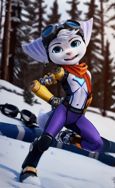 Rivet, tail, furry, 1girl, young, solo, (yellow cybernetic protease on the right shoulder), (purple snowboarding suit), snowboarding, detailed body fur, detailed body, detailed eyes, detailed face, athletic, skinny, high quality, masterpiece, small breasts...