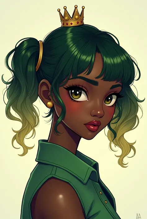 mandyBS, solo, 1girl, dark skin, dark-skinned female, green hair, blonde hair, short hair, short twintails, mini crown, naked