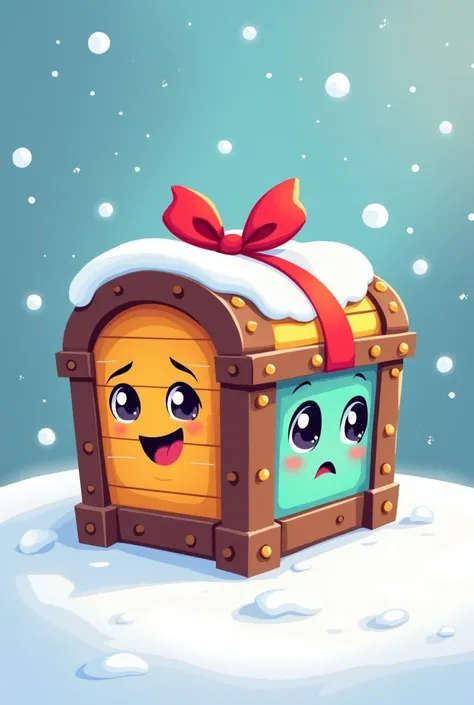 create a chest (box) for my cartoon poster, do it simply, add some colors, and its in the snow, it has a ribbon on its head, on one side of the chest is a happy face, on the other side is a sad face