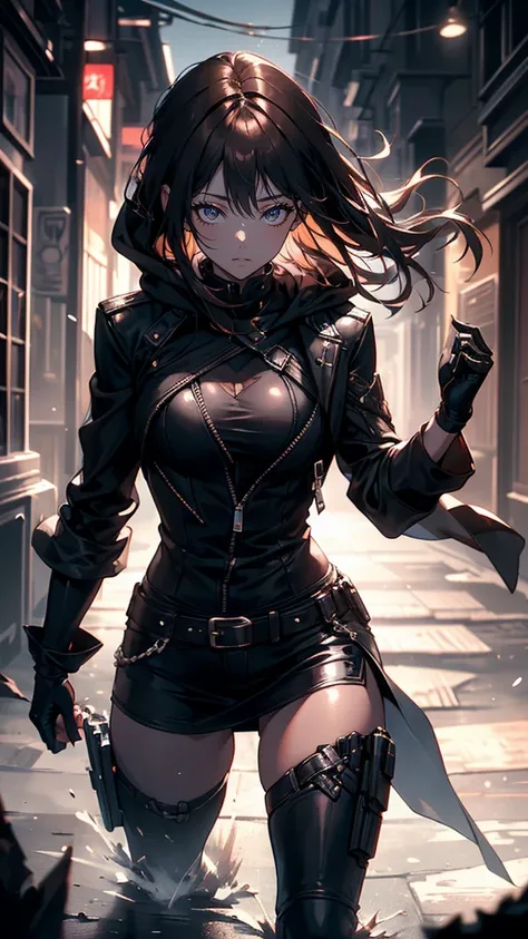 “A female assassin in a dark, tactical outfit, walking through a shadowy alley at night. Her expression is focused and intense, with sharp, piercing eyes scanning the surroundings. She wears a black hooded jacket, blending into the darkness, with a silence...