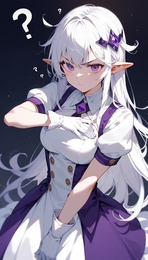 girl,Long hair,Light white hair ,In dark purple eyes ,Pointed ears,Short sleeve dress, White Gloves, medium chest,Make a suspicious face?,girlแมงมุม,Thin