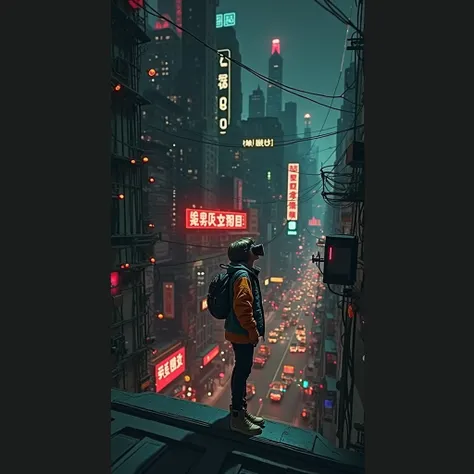 Anime illustration of a cyberpunk city street scene with full of neon lights, and futuristic buildings, featuring a teenage guy wearing VR headset seeing the city by standing from the rooftop of a building . The atmosphere is vibrant and bustling with glow...