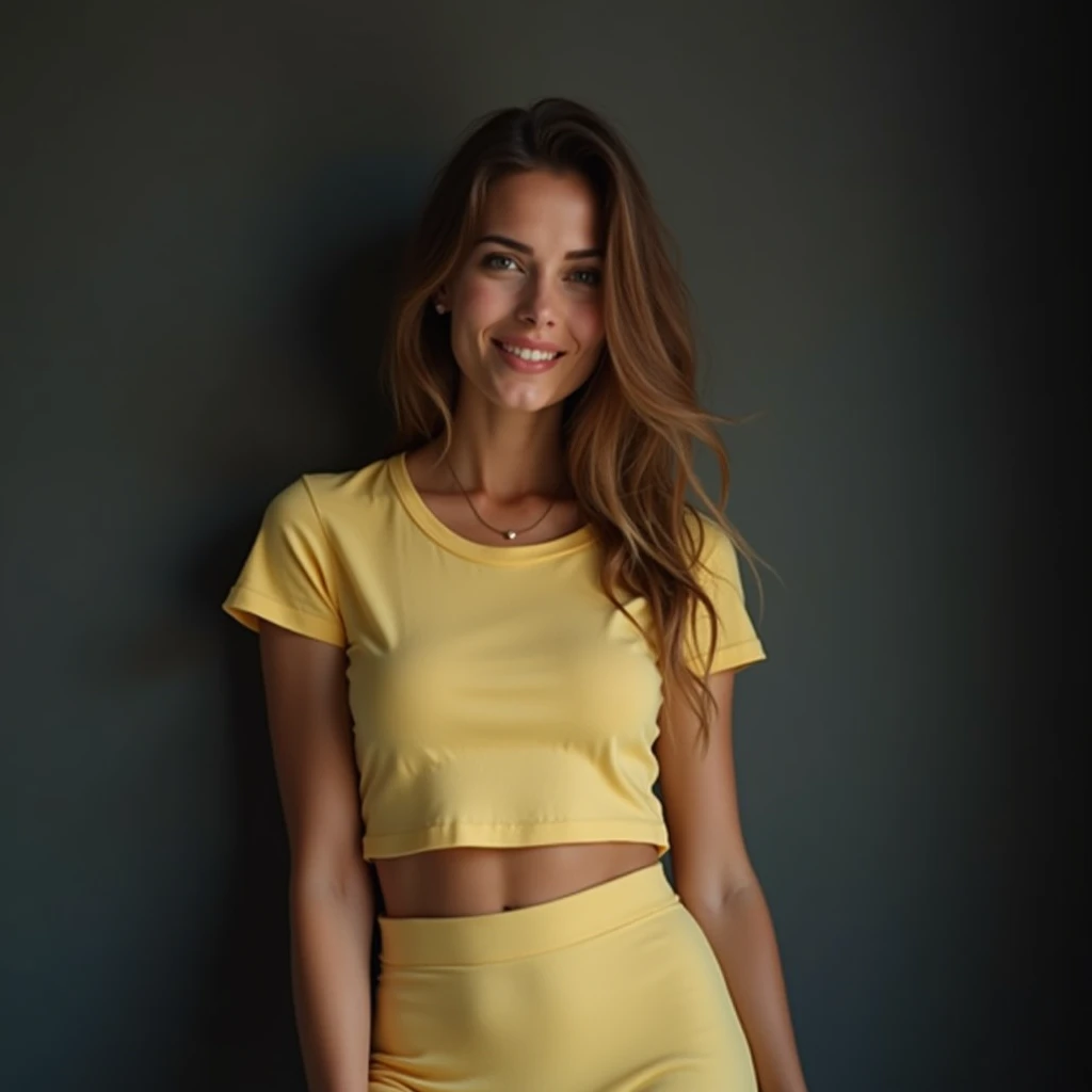 beautiful woman of european appearence in light yellow t-shirt and skirt with lush lips and sexual aroused facial expression in front of dark gray wall background