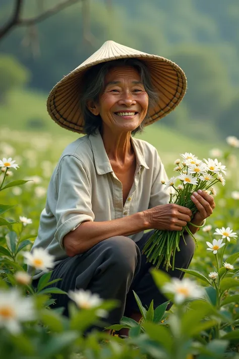 Thai old women in farmer suit pick jasmine flower with her smile