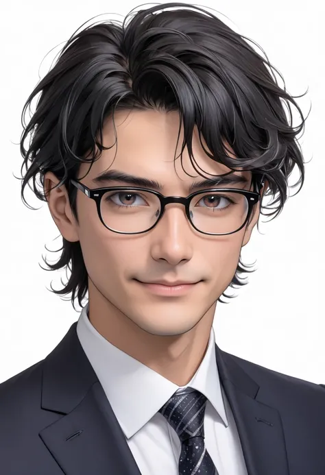 masterpiece,high quality,upper body,standing, 1 man, wearing suit, wearing glasses, black hair, black eyes, front view, from the front, looking at viewer, no background, white background, shy smile,
