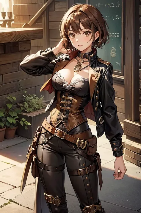 a digital drawing of a steampunk-style female figure with knives, 1girl, brown hair, short hair, breasts, wrist cuffs, solo, looking at viewer, brown eyes