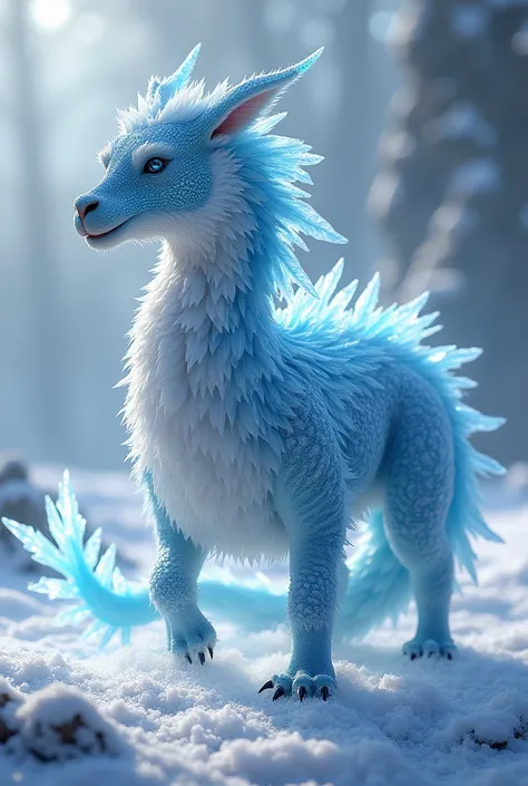 Create a unique, dangerous fighting hybrid fusion AI ratio image using an ice dragon and a llama. The hybrid should have the icy breath and scales of a dragon combined with the endurance and distinctive appearance of a llama. The environment emits a frosty...