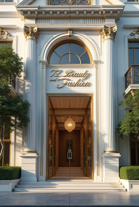 Front of a luxurious and elegant company building with the logo written “TL beauty and fashion” with beautiful letters 