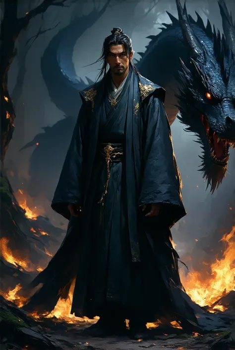 A dark fantasy pixel art scene depicting a man in a flowing black robe adorned with intricate gold ornaments, standing confidently amidst a burning forest. His piercing gaze reflects a mix of power and menace. Behind him, a massive dragon unleashes streams...