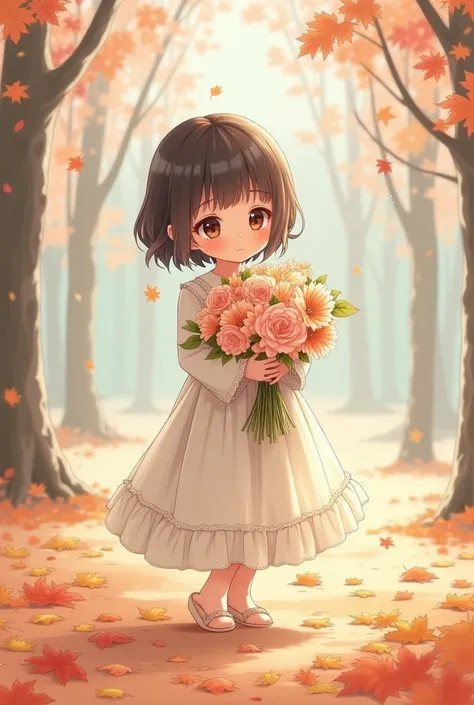 Gentle Color Girl Anime Illustration 　A fragile girl　 Park of Autumn Leaves Holding Margaret Flowers