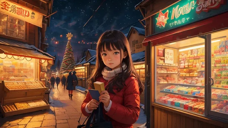  best image quality, close-up,  Christmas, Shopping Street, The girl selling matches at the back of the store , マッチ売りの少女, Bright house, Shining Star,