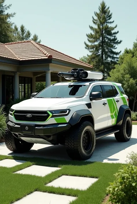 Imagine a heavily armored, futuristic white SUV with green tactical markings, reminiscent of a military vehicle, but with a sleek, modern design. It’s bulletproof, waterproof, and features a remotely controlled machine gun turret. Render in 8k, photorealis...