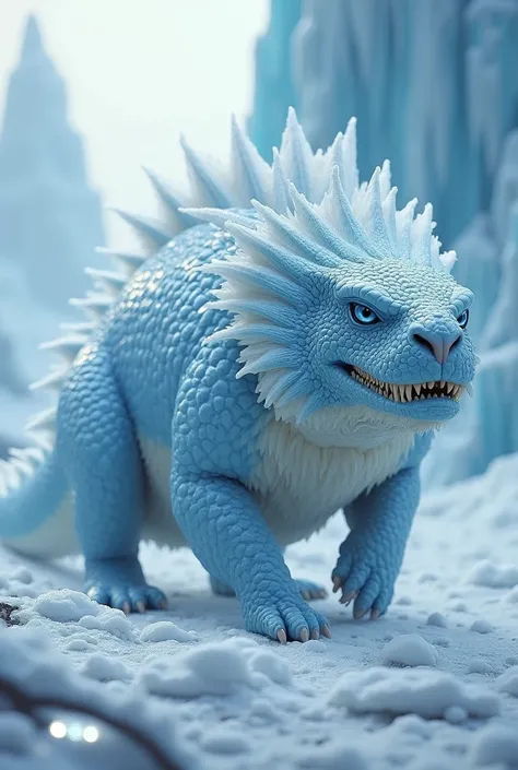 Create a unique, dangerous fighting hybrid fusion AI ratio image using an ice dragon and a capybara. The hybrid should have the icy breath and scales of a dragon combined with the social nature and swimming abilities of a capybara. The environment emits a ...