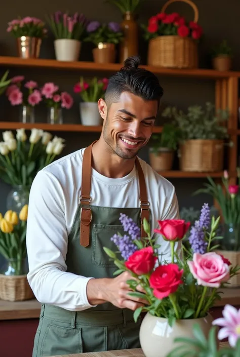 Cristiano Ronaldo, dressed in a casual, trendy outfit, is arranging a bouquet in a small 
French flower shop. His expression is focused and his hands delicately position vibrant roses, lilies, and 
lavender in a vase. His charming, symmetrical features sta...