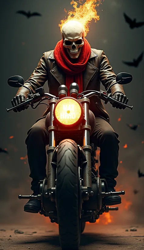 photo of a skull head rider, riding a motorbike, with a red scarf around his neck, flames appear on his face, No facial contours, inspired by Heinrich Clay, the art of Tsutomu Nihei, Box n Lin, in front of him is the writing "MAY HRD" floating. Ghost Fly, ...