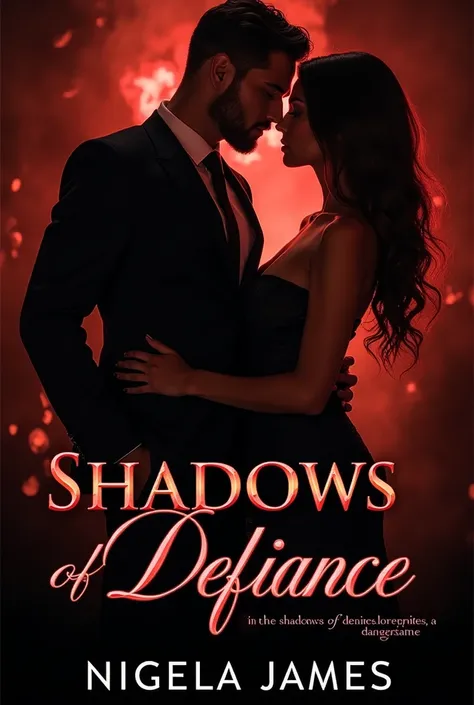 A striking book cover for Shadows of Defiance by Nigela James. The design features a dark romance theme with a reddish-black color scheme. A man in a sharp Armani black suit exudes power and intensity, standing close to a young woman wearing average but su...