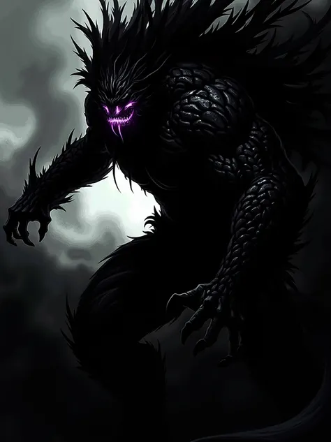 dark fantasy, black smoke background, evil aura, black armor, dragonic armor, giant monster, muscular body, glowing purple, purple eyes, glowing eyes, purple tattoos, glowing tattoos, big muscular arms, shadows, high resolution, high definition