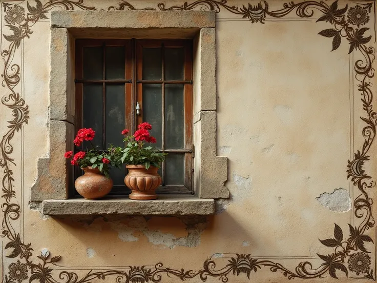 Aged stone wall with window; rustic, detailed;  ornate, stylized floral patterns; faded terracotta pot; red geraniums;  muted, sepia tones; antique, aged;  rusticated; decorative;  semi-abstract floral design;  vintage;  soft light;  window with wooden fra...