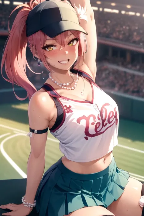 masterpiece, best quality, 8K, 1 girl, detailed face, detailed skin, detailed outfit, detailed background, perfect eye, cute, erotic, beautiful legs, mischievous smile, opened mouth, blushing, sparkling sweat, sleeveless shirt, baseball uniform,  light blu...