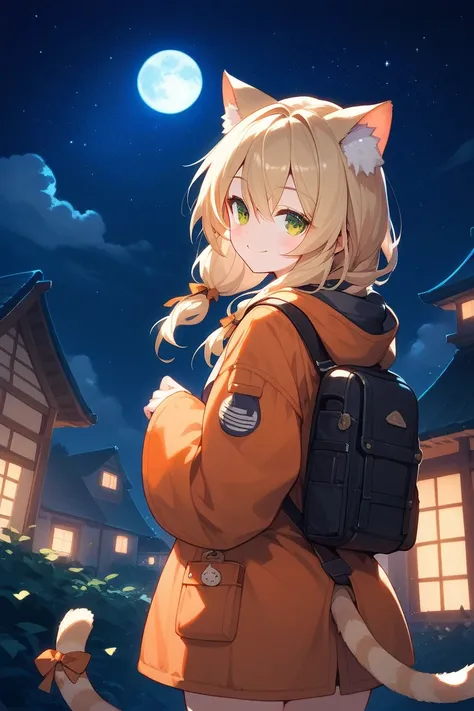 1girl,bangs,long_hair,ribbon,solo,blush,jacket,animal_ears,eyebrows_visible_through_hair,outdoors,sky,smile,blonde_hair,green_eyes,looking_at_viewer,moon,long_sleeves,bag,cowboy_shot,looking_back,hair_between_eyes,wide_sleeves,cat_ears,tail,hair_ribbon,fro...