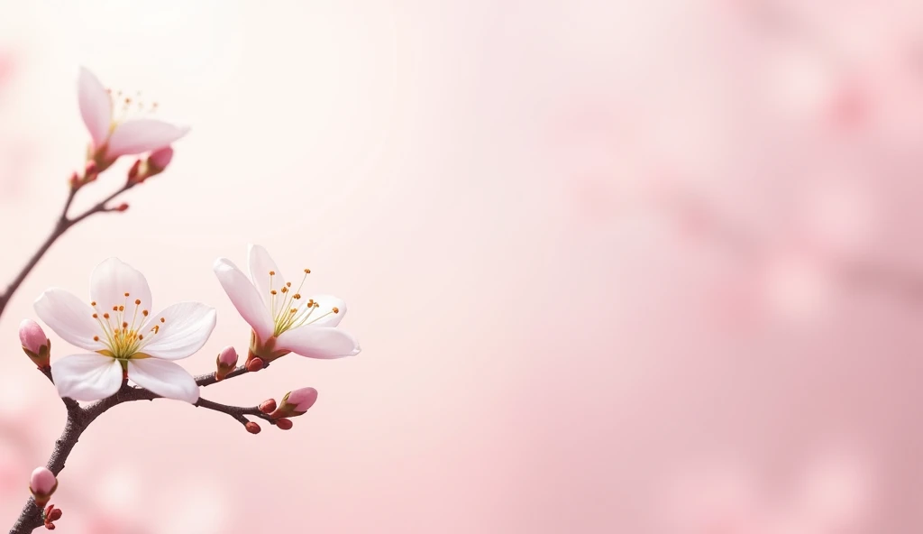 The branch has delicate white blossoms with tiny buds, placed on the left side of a light pink gradient background. The scene radiates simplicity and renewal.