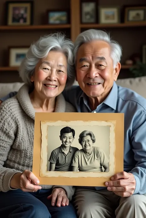 A 75 year old couple in Taiwan poses for a group photo, they are sitting on a sofa in the living room, they can clearly be seen with happy smiles on their faces, together they hold up to the front an old yellowed black and white photo from the 80s on displ...