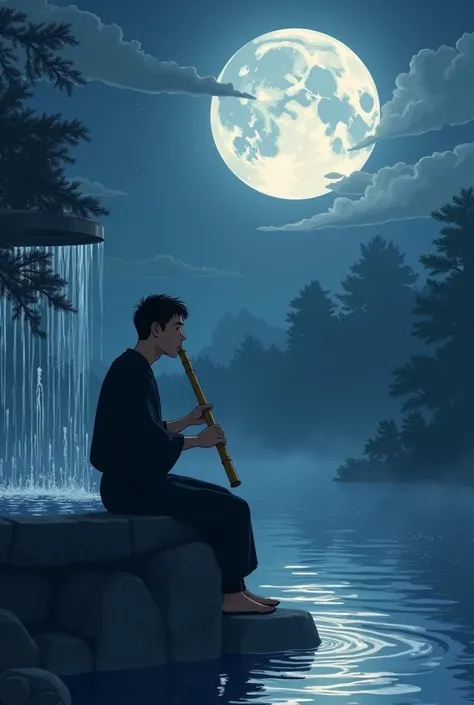 Create an animated photo illustration 
A simple man is enjoying the full moon and playing with a 40cm long distilled bamboo flute while waiting for the fountain that is pouring down beside him so full of solitude, wearing a dark black shirt and pants like ...