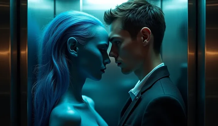 a sexy blue alien girl with long hair and a human young handsoem man stuck on the elevator.
