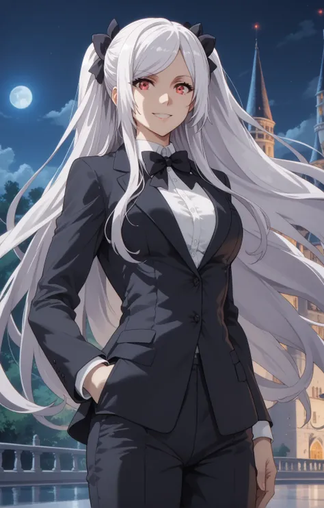 Source anime, Tall girl, Fit girl,score_9, score_8_up, score_7_up, score_6_up, uncensored, alexia midgar, long hair, black hair ribbon, white hair, red eyes, sidelocks, ribbon, large breast, 1girl, solo, formal, suit, bow, traditional_bowtie, bowtie, long_...