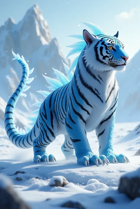 Create a unique, dangerous fighting hybrid fusion AI ratio image using an ice dragon and a Tasmanian Tiger. The hybrid should have the icy breath and scales of a dragon combined with the unique stripes and hunting skills of a Tasmanian Tiger. The environme...