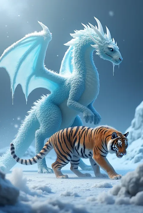 Create an image that shows both an ice dragon and a Tasmanian Tiger in a single frame with a matching background. The background should be the same as the hybrid environment, emitting a frosty element from the ground. The ice dragon should be depicted in a...