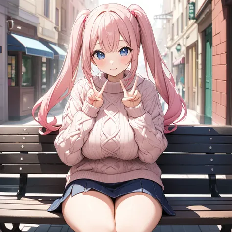 a pretty girl is sitting on street bench,knit sweater,posing double peace sign,her heights is 140cm,pink twintail,huge breasts,friendly face,gaze to here