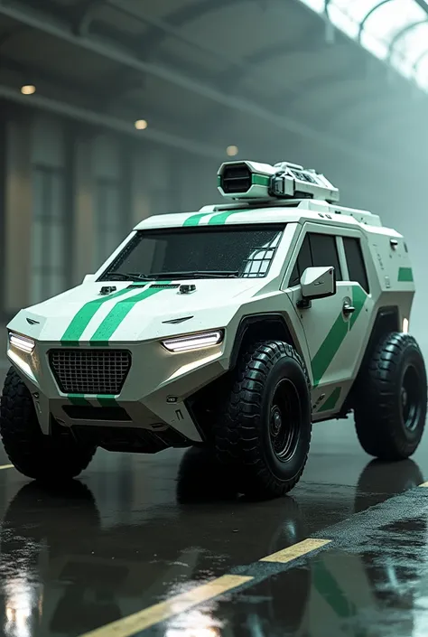 A hyperrealistic rendering of a futuristic white armored vehicle with green futuristic stripes, similar to a Humvee but larger and more advanced. Features: bulletproof, grenade-proof, waterproof, soundproof, smoke-proof, top-mounted machine gun (remote con...