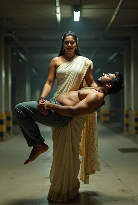 create a real image: tall smiling Beautiful Telugu
bulky actress in dotted satin saree tied hair, carries passed-out overweight man in her arms in a underground parking lot, front angle, natural , she has super strength